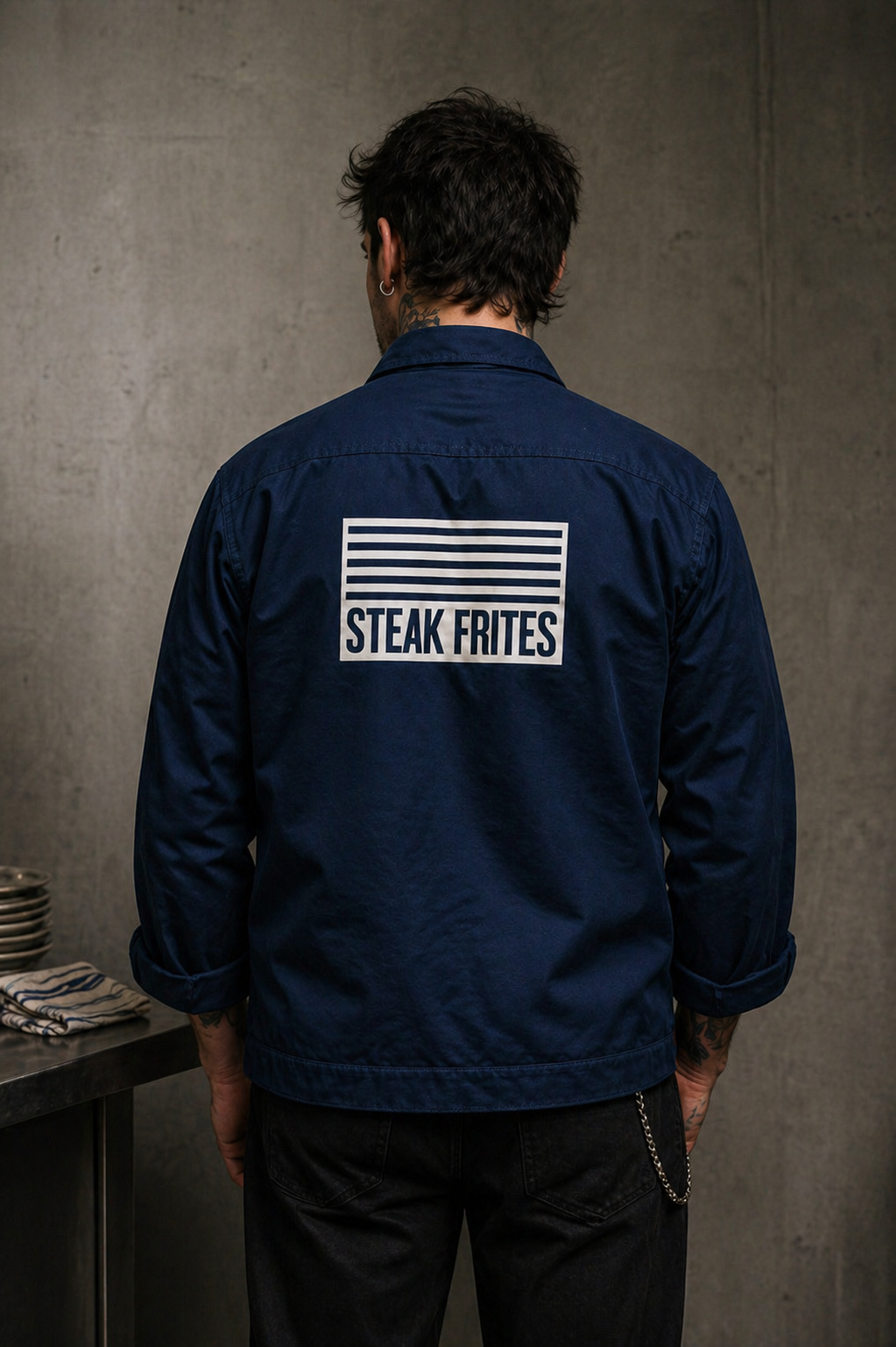 Steak Frites Cafe branded navy work jacket