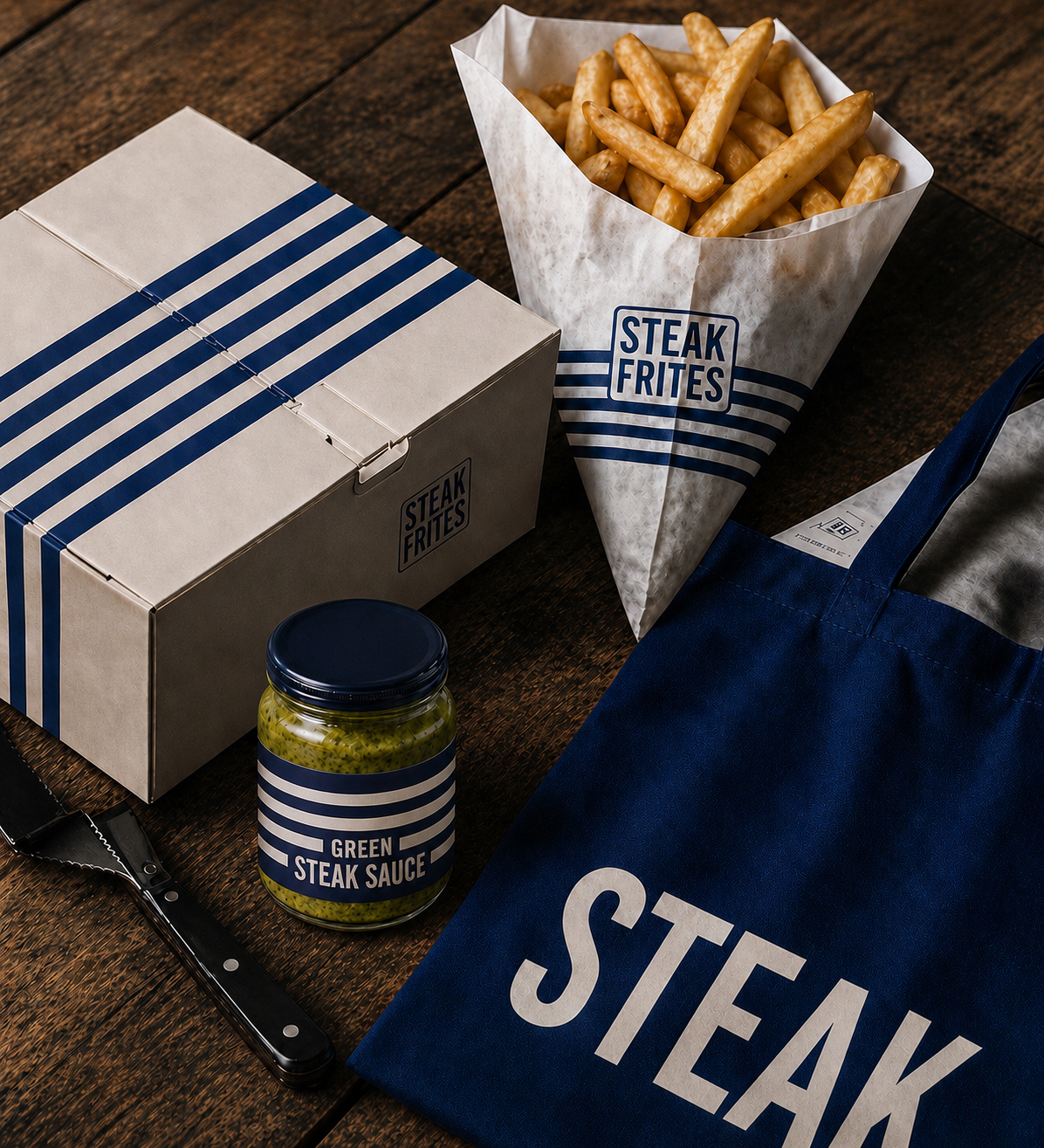 Steak Frites branded packaging — box, frites cone, green steak sauce, and tote bag