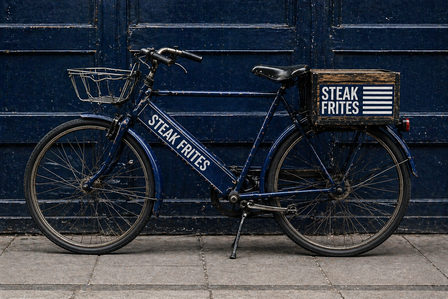 Steak Frites delivery bike against a navy door