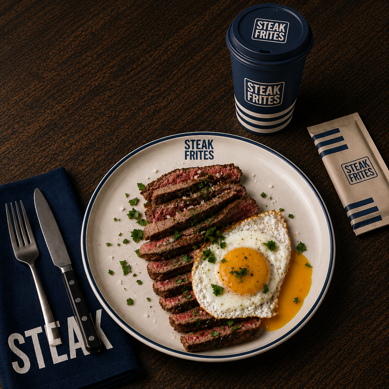 Sliced steak with a fried egg on a Steak Frites branded plate